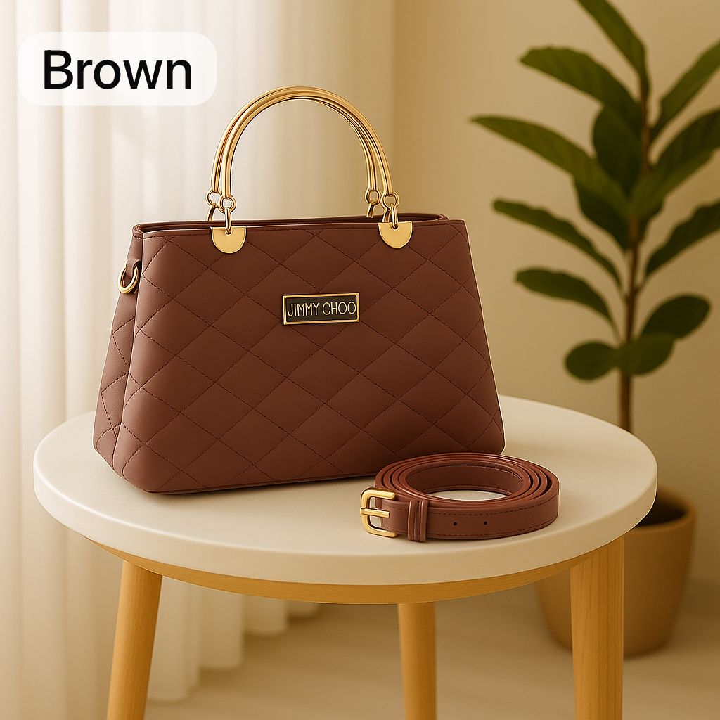 Quilted Faux Leather Handbags with Golden Metal Handles - Elegant Shoulder Tote