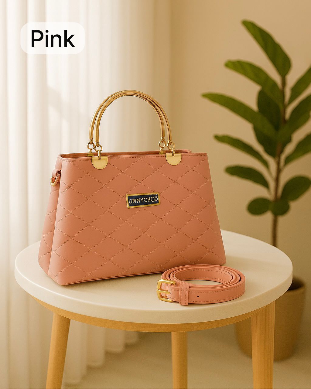 Quilted Faux Leather Handbags with Golden Metal Handles - Elegant Shoulder Tote