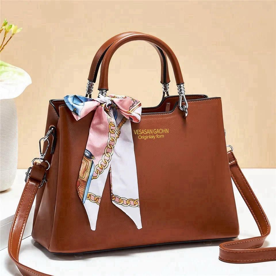 1Pc Vesasan Gaohn Faux Leather Handbag With Decorative Scarf Elegant Design Premium Quality - Black