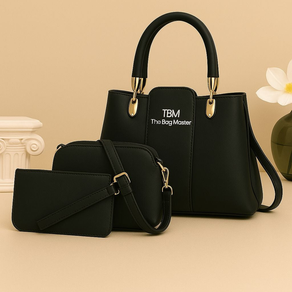 3 Pieces Ladies Handbag Elegant Design Premium Quality Smooth Finish Easy Carry - Black Rs 1,341