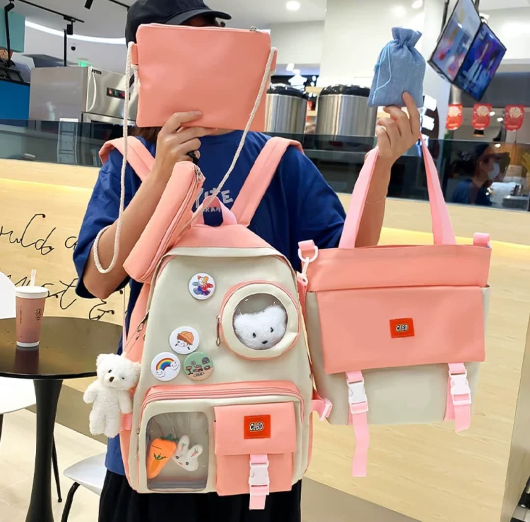4 Set Backpack For Teenager Girl Waterproof High Capacity School Bags Female Student Cute BookBags | Pink