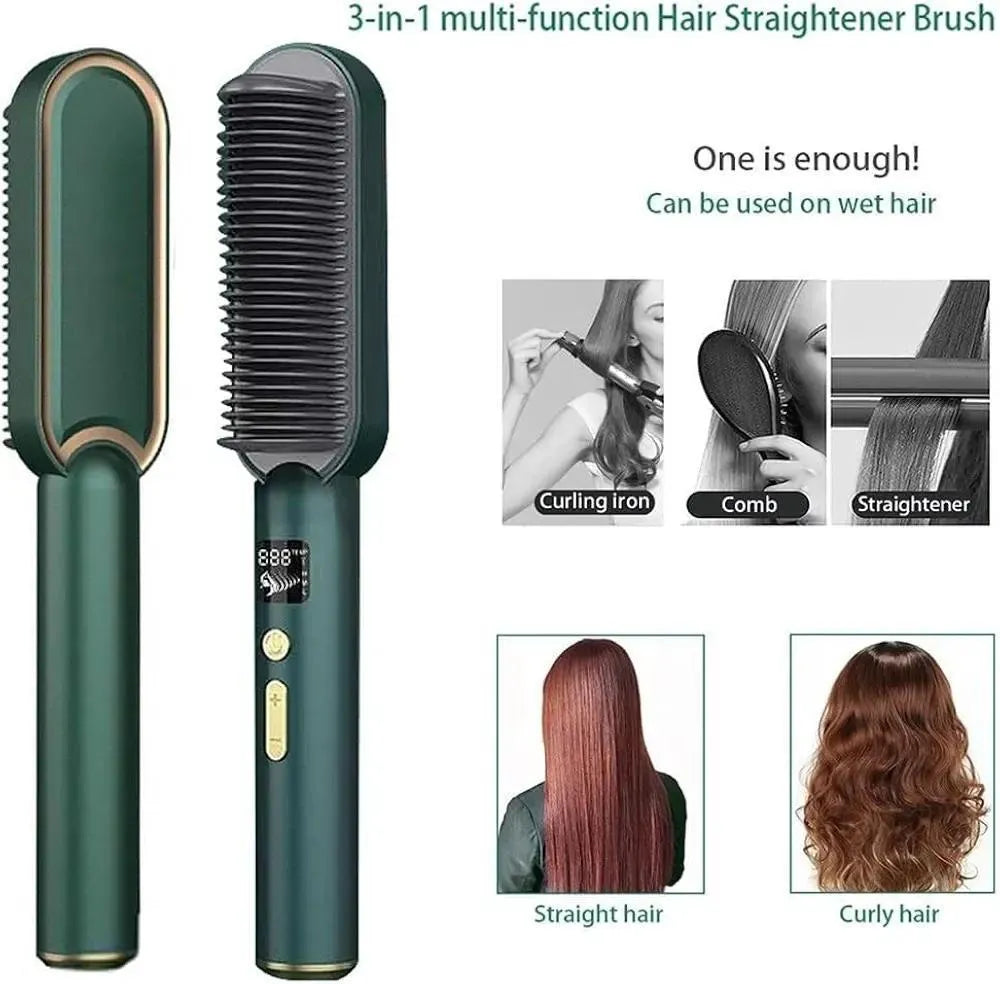 Hair Straightener Iron Brush Straight Hair Comb 2-in-1 Hair Straightener Curling Professional Styling Brush Hair Curler & Straightener For Women (Random Color)