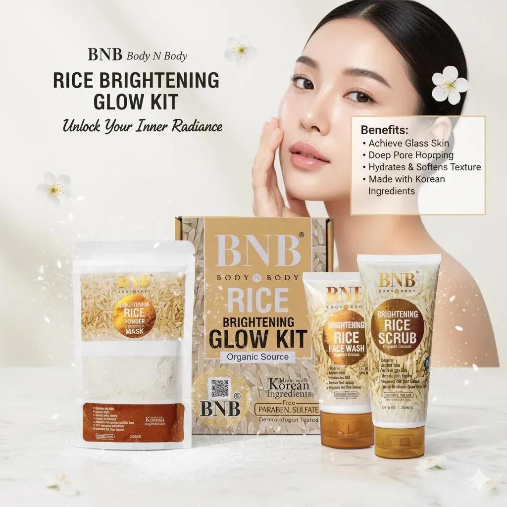 BNB Body & Body Rice Brightening Glow Kit 3-in-1 | Korean Glass Skin Care Kit for Bright & Healthy Skin