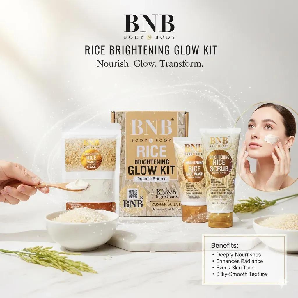 BNB Body & Body Rice Brightening Glow Kit 3-in-1 | Korean Glass Skin Care Kit for Bright & Healthy Skin
