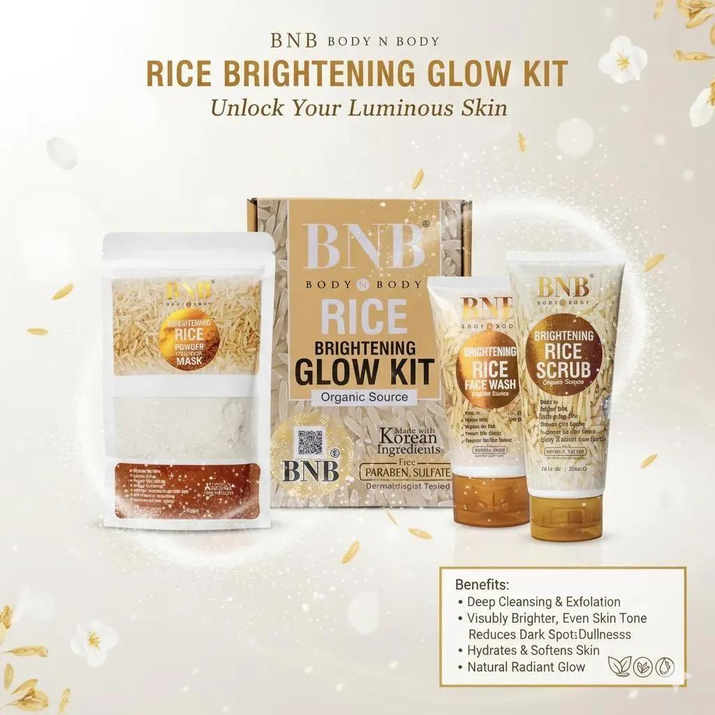 BNB Body & Body Rice Brightening Glow Kit 3-in-1 | Korean Glass Skin Care Kit for Bright & Healthy Skin