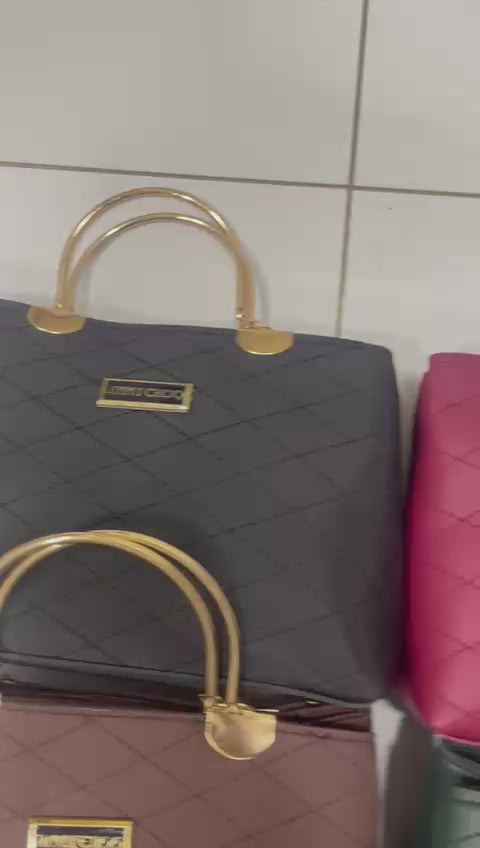Quilted Faux Leather Handbags with Golden Metal Handles - Elegant Shoulder Tote
